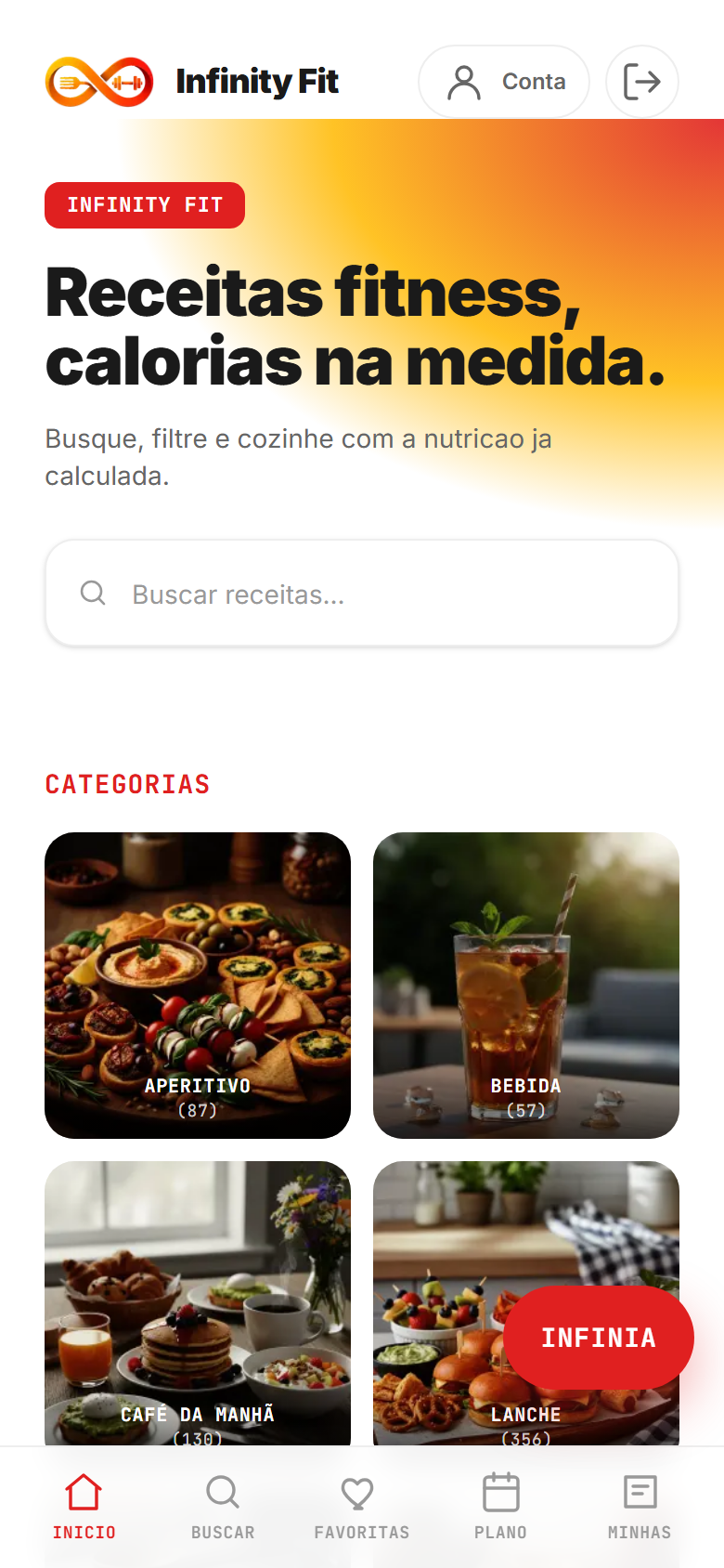 Tela inicial do app Infinity Fit